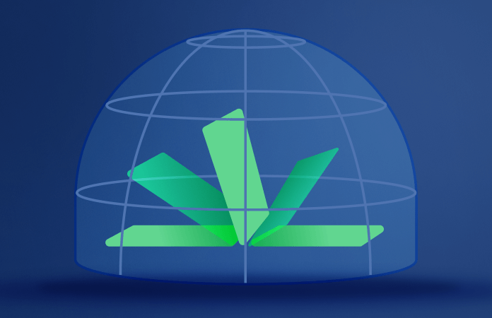 Green stylized checkmark shapes forming a logo sit under a translucent wireframe dome on a dark blue background. The scene suggests protection or global coverage.
