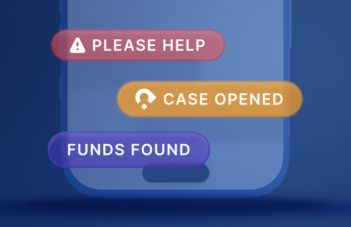 Mobile phone mockup shows three bold notification pills that read Please Help Case Opened and Funds Found. Each message is in a different color against a dark blue backdrop highlighting an alert system.