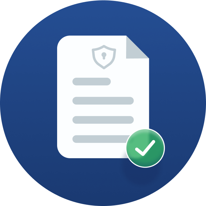 White document icon with a security shield and checkmark badge on the bottom right, displayed inside a dark blue circle.