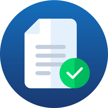 White document icon with a security shield and checkmark badge on the bottom right, displayed inside a dark blue circle.