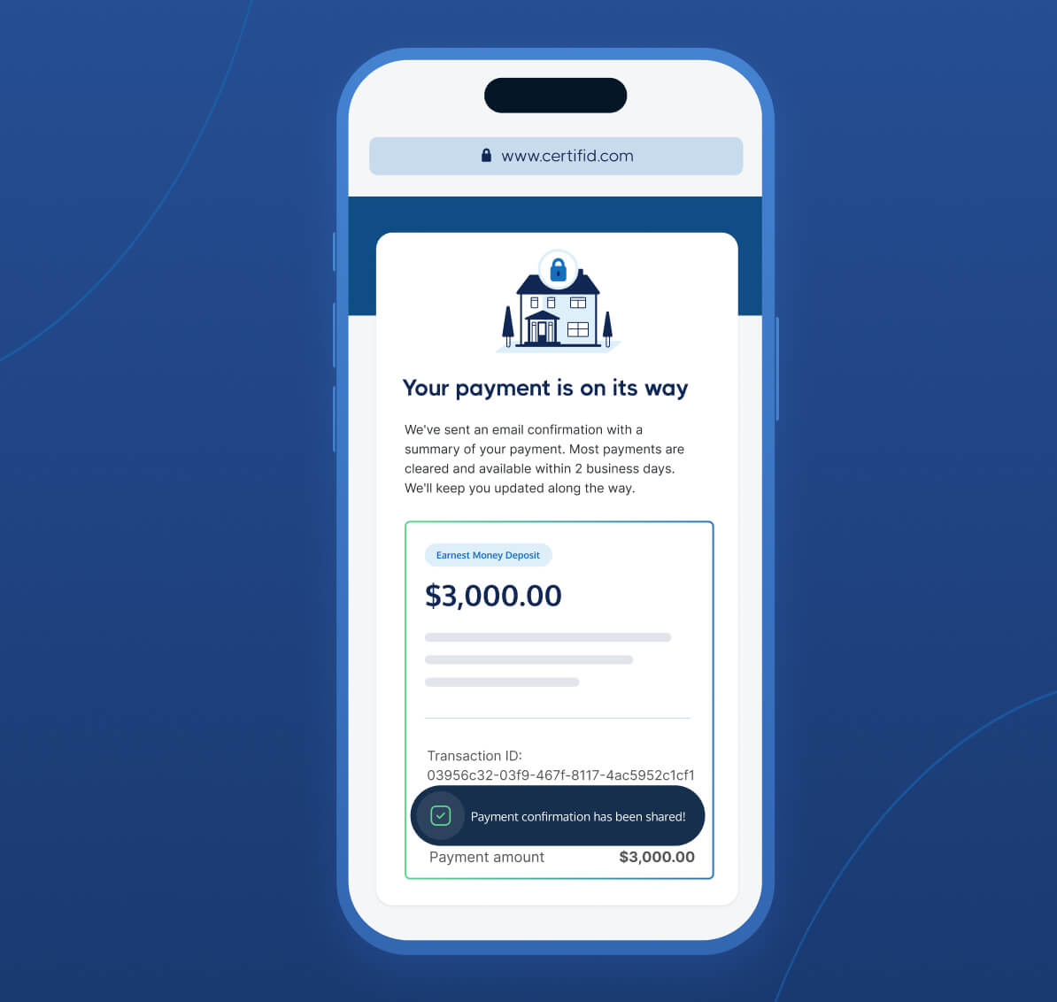 A desktop view showing a completed payment screen from CertifID for a user named Jane Smith. It displays a green "Completed" badge and detailed payment information including destination account, transaction ID, and payment purpose.