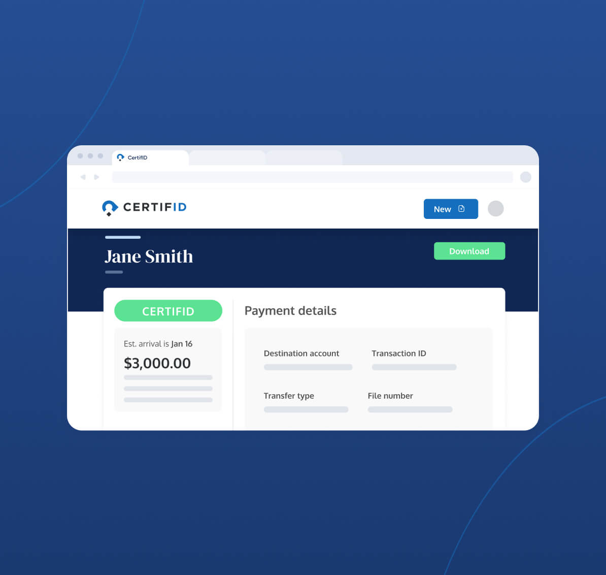 A CertifID interface screen showing Jane Smith’s $3,000 transfer marked as pending. The form lists payment details such as payer, purpose, and payment method.