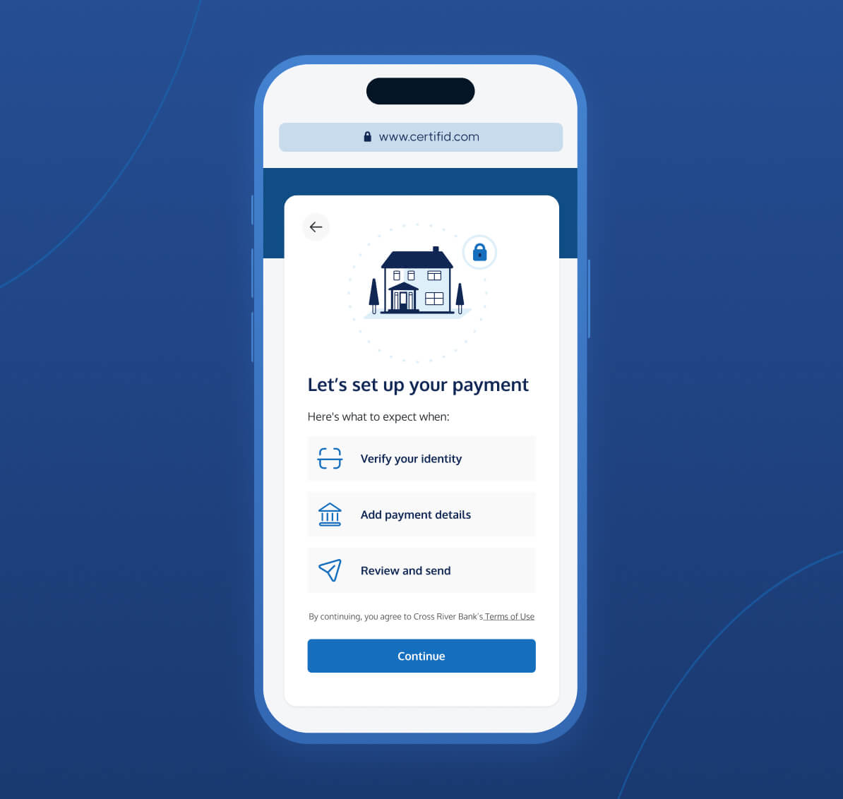 A smartphone screen showing a secure payment interface for "Pinpoint" powered by CertifID. The screen includes a "Get Started" button and the message "Make your payment. Safely and securely."