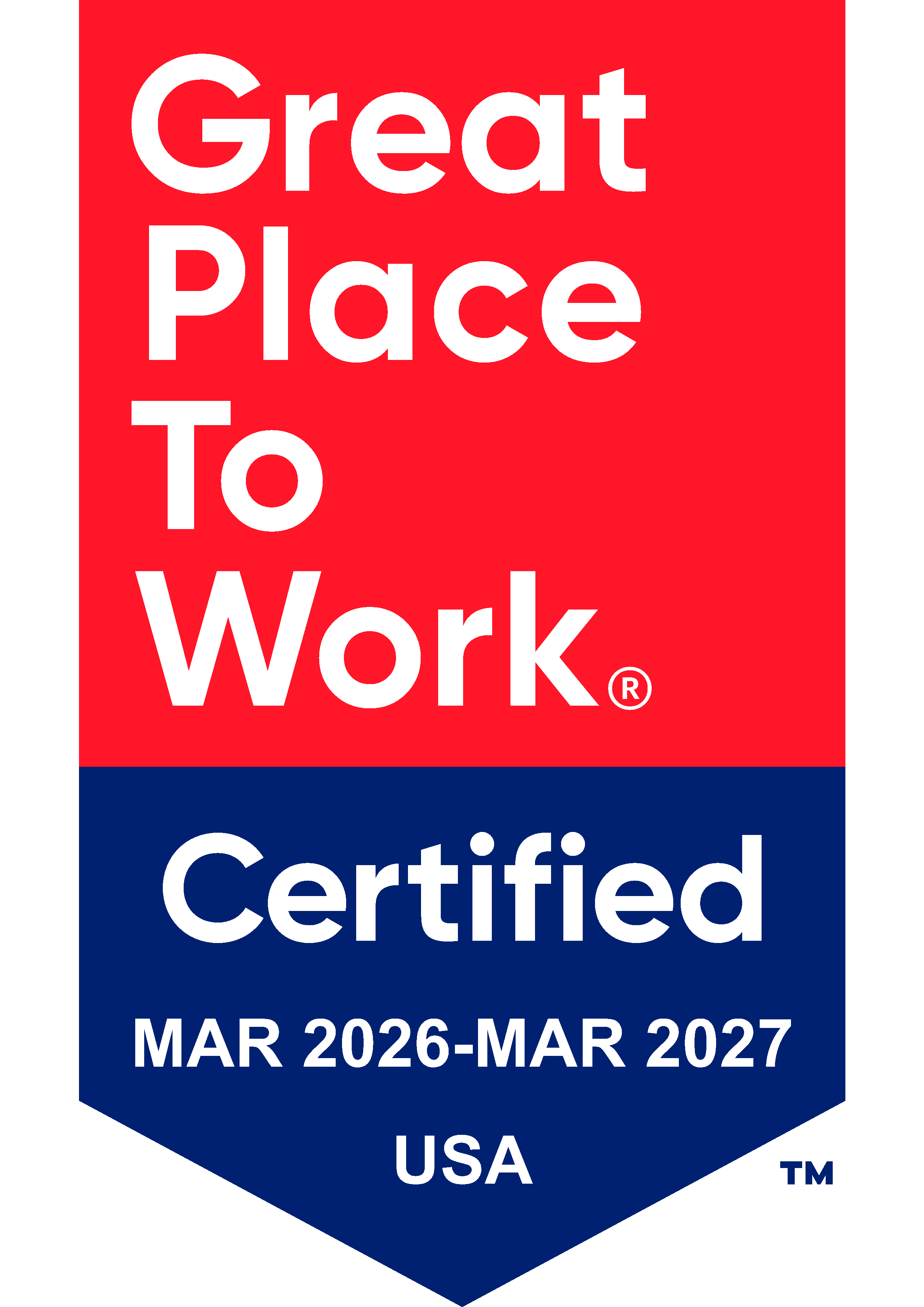 Red, white, and blue badge labeled “Great Place to Work Certified Mar 2026–Mar 2027 USA.”