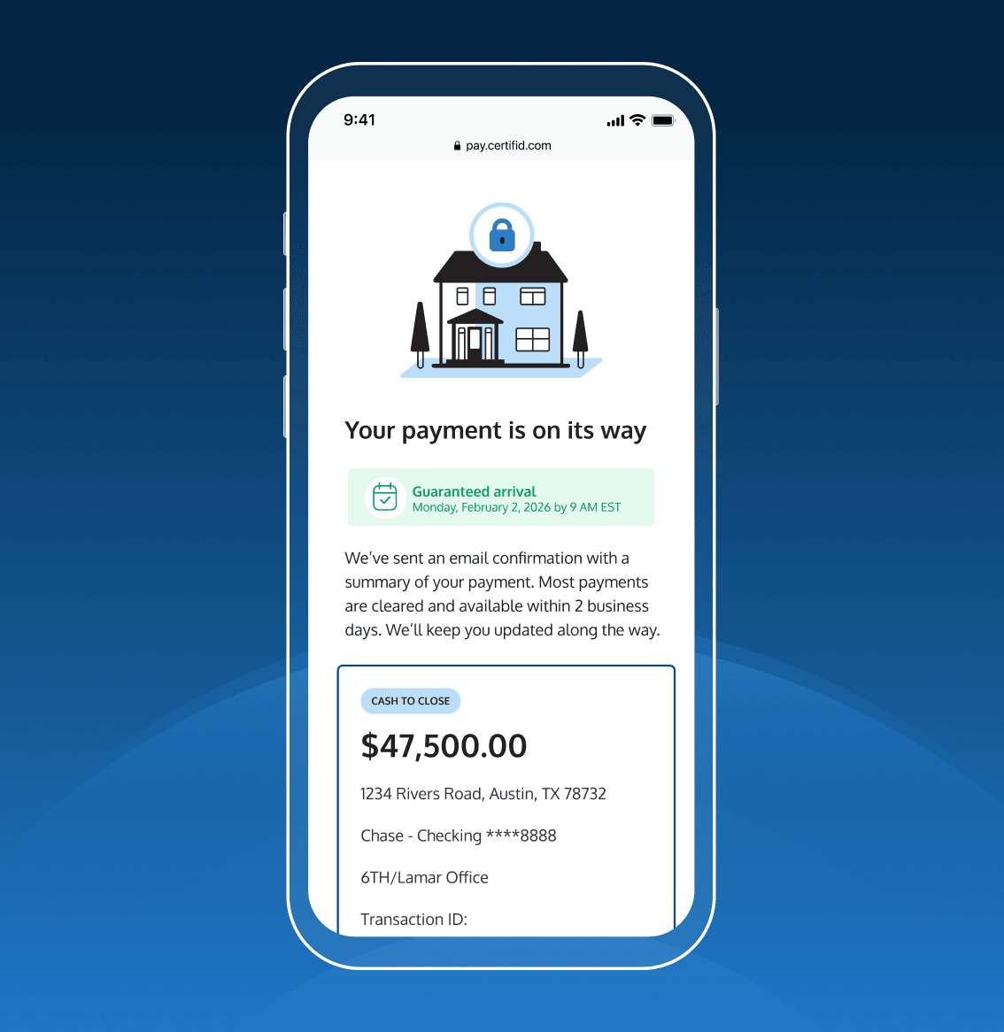 A desktop view showing a completed payment screen from CertifID for a user named Jane Smith. It displays a green "Completed" badge and detailed payment information including destination account, transaction ID, and payment purpose.