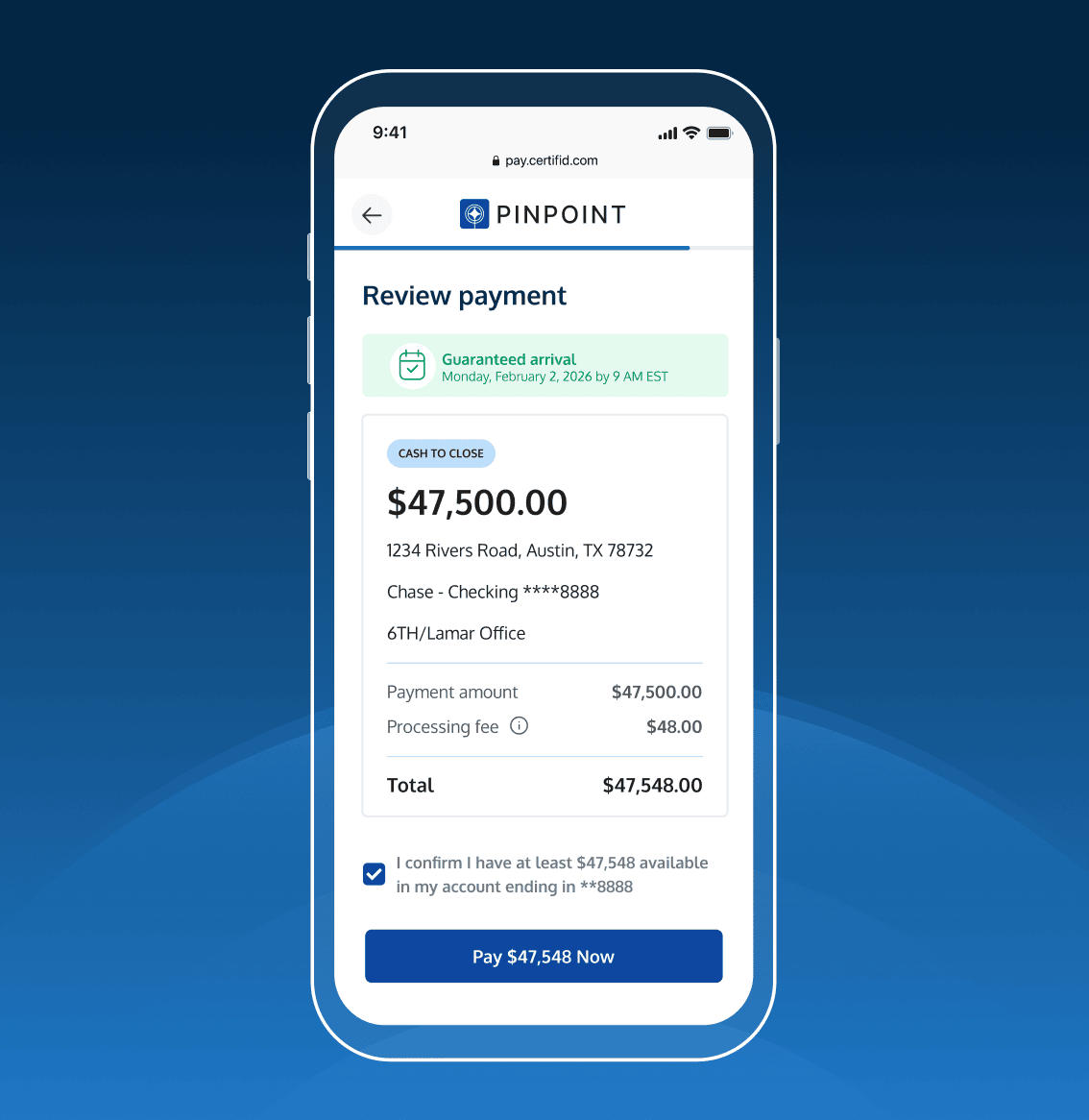 A smartphone screen showing a secure payment interface for "Pinpoint" powered by CertifID. The screen includes a "Get Started" button and the message "Make your payment. Safely and securely."