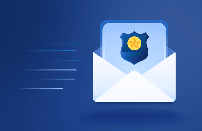 Digital illustration on a blue background showing a fast-moving open white envelope, indicated by horizontal speed lines trailing to its left. Inside the envelope is a light blue document featuring a dark blue security badge with a yellow star in the center.