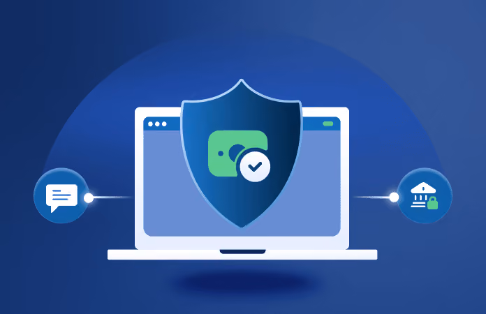Digital illustration on a blue background featuring a white laptop partially covered by a large dark blue security shield. Inside the shield is a green stylized banknote with a checkmark. Connected to the laptop by thin lines are two floating circular icons: a white speech bubble on the left, and a white bank building with a green padlock on the right.
