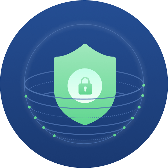 Green shield with a padlock icon at its center, surrounded by glowing circular rings and small connected dots on a dark blue gradient background. The illustration symbolizes digital security, privacy protection, or secure network infrastructure.