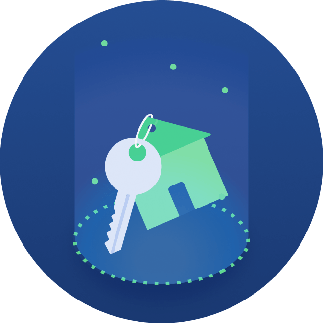 Silver key attached to a green house shaped keychain, floating against a blue background with dotted circular accents and small green dots. The illustration represents home ownership, property access, or secure home entry.