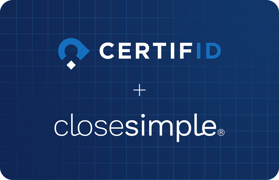 Graphic displaying the logos and names "CERTIFID" and "closesimple®" on a dark blue grid background with a plus sign between them. The design highlights a partnership or integration between the two companies.