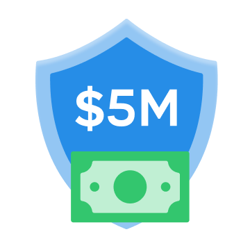 Blue shield labeled “$5M” with a green banknote in front.
