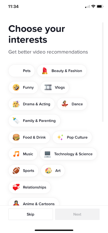 List of interests to initially fill a new user's feed with, including pets, funny, vlogs, family and parenting, dance, pop culture, etc.