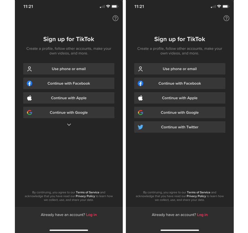 Options to sign up for TikTok.