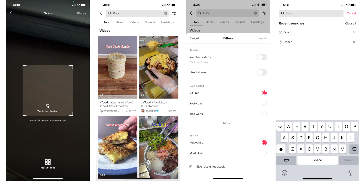 The QR code scanner and the process of searching on TikTok.
