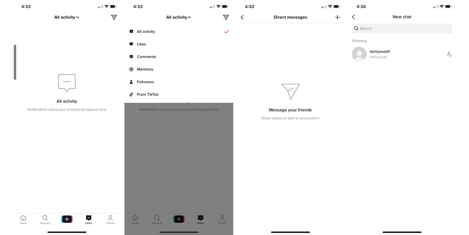 The Inbox tab after first signing up. You can filter by likes, comments, mentions, followers, and messages from TikTok. 