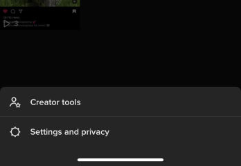 A popup on the bottom of the screen appears when you tap the hamburger button. It has two options: Creator tools and Settings and privacy.