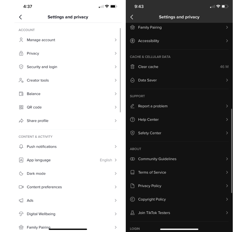 The Settings section with many options and features.