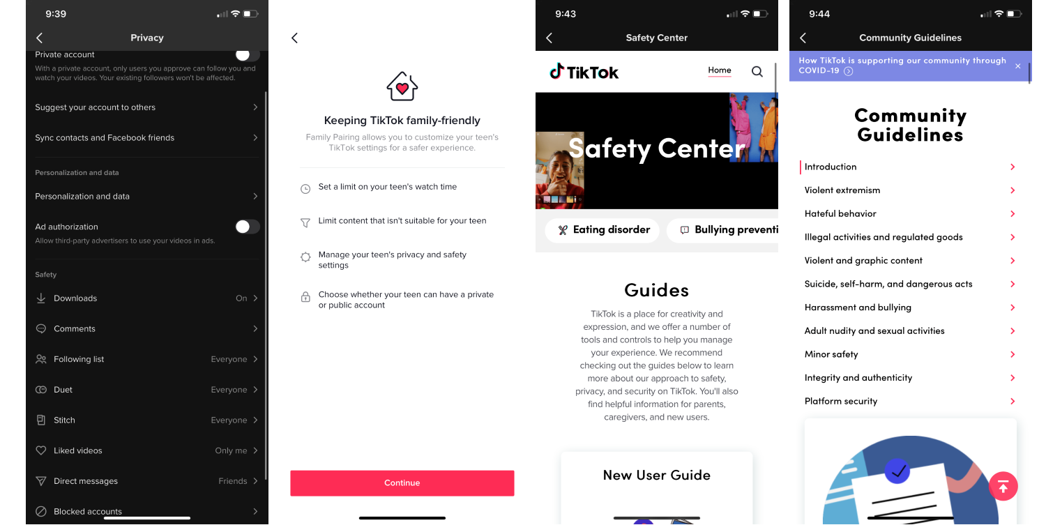 Privacy options include downloads, comments, following list, liked videos, DM's, and blocked accounts. Family-friendly settings include limiting watch time, limiting content, managing privacy and safety settings, and having a private or public account. The Safety Center has information about topics such as eating disorders and bullying prevention. The Community Guidelines include violent extremism, hateful behavior, illegal activities, violent and graphic content, and harassment and bullying.