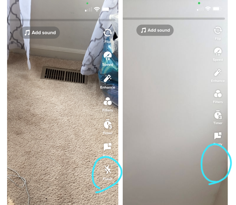 The Flash option disappears when the camera is flipped to the front/selfie camera.