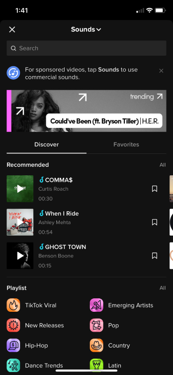 You can search for a sound or music, look through your favorites, and see recommendations and playlists.