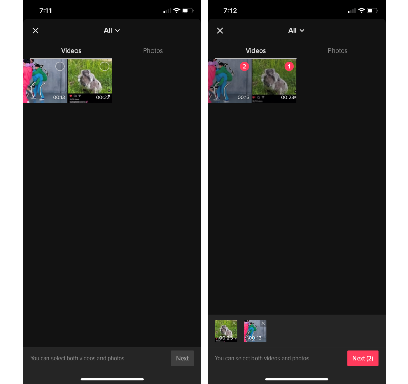 You can choose multiple videos and photos from the camera roll of your device.