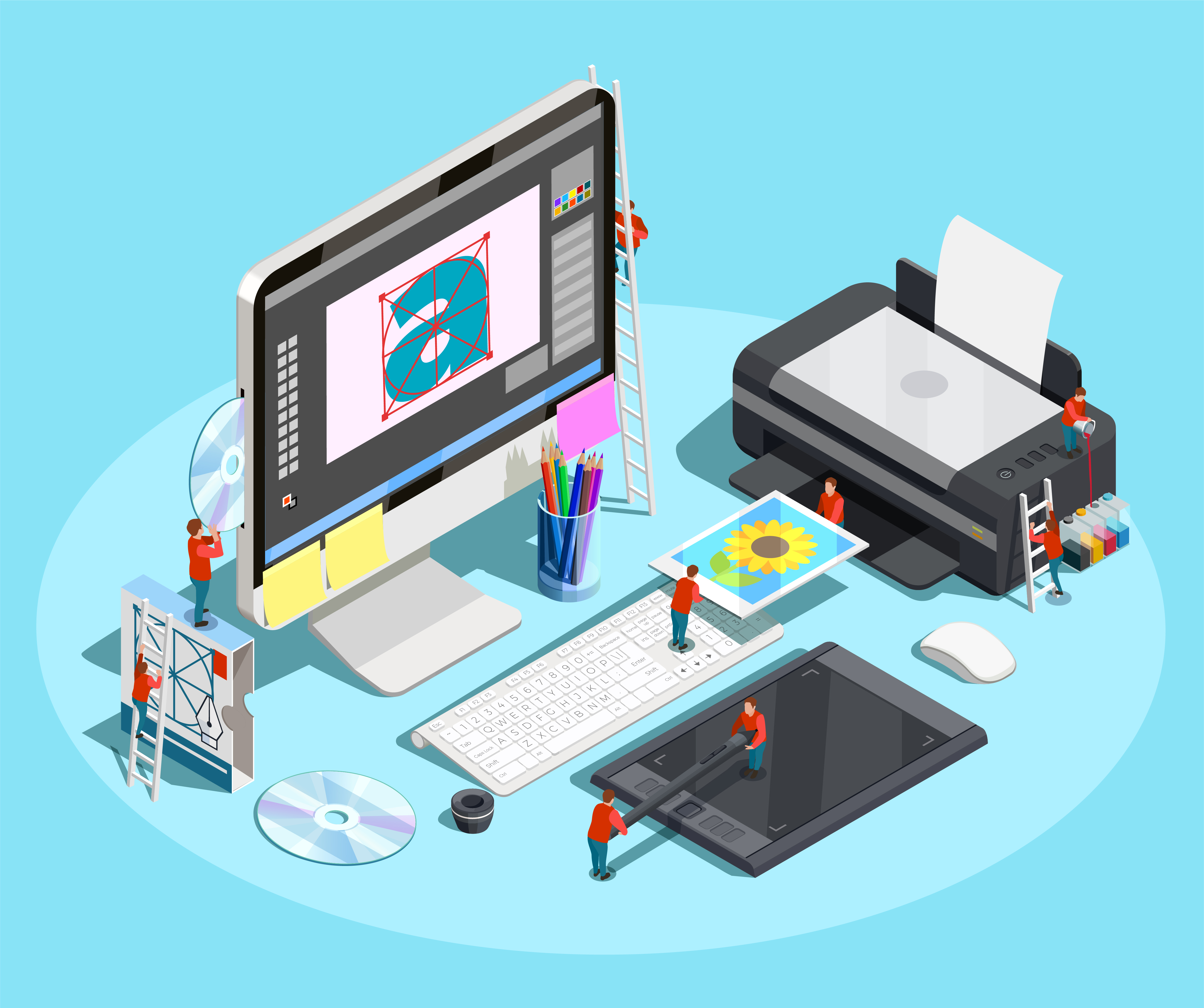 Graphic of people designing on a computer and tablet.
