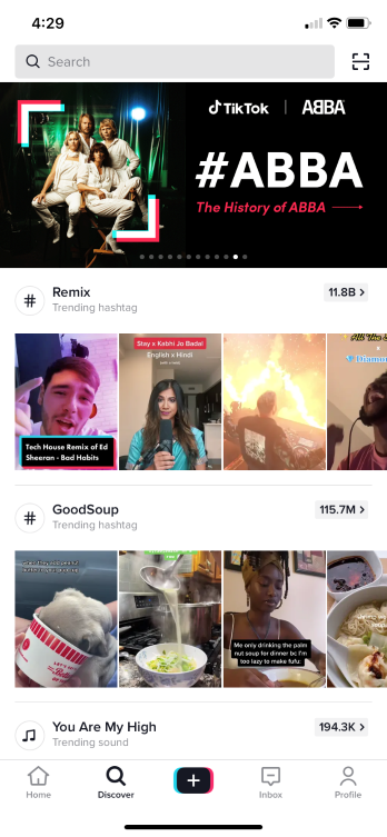 The discover tab after first signing up.