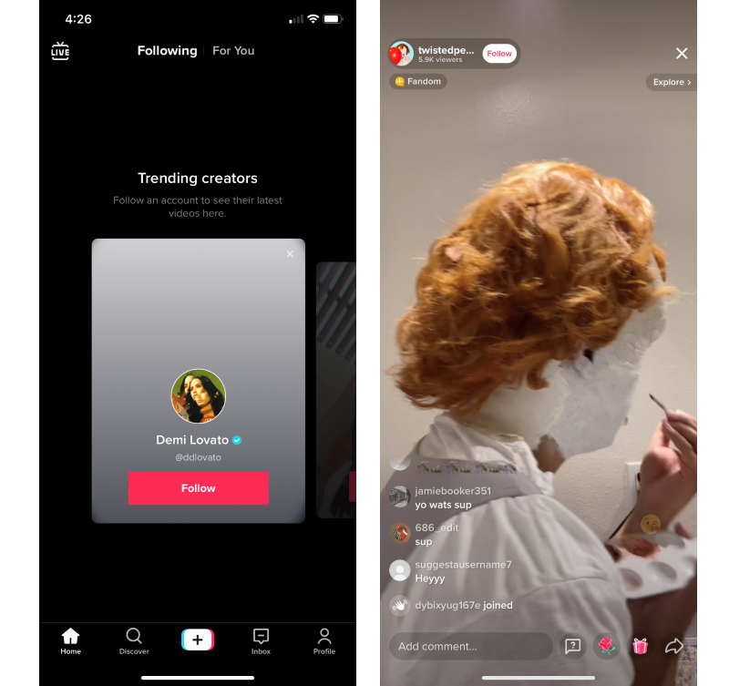 Following and Live tabs after first signing up. I'm not following anyone yet, so the Following tab is empty with a list of trending creators for me to follow. The Live tab shows a live video of a clown putting on makeup and comments going in real-time.
