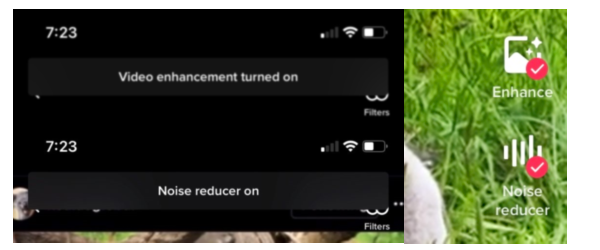 Messages appearing at the top of the screen and red check marks appearing on the button icons when the enhance and noise reducer buttons are activated.