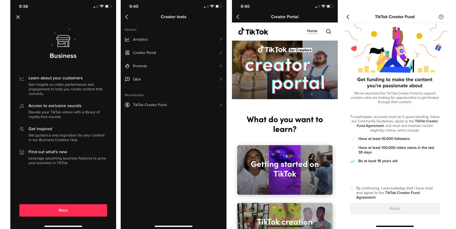 The page to make your account a Business account. Creator Tools including analytics, a Creator Portal where you can learn how to create on the app, and the TikTok Creator Fund which gives you the steps on how to earn money on the platform.
