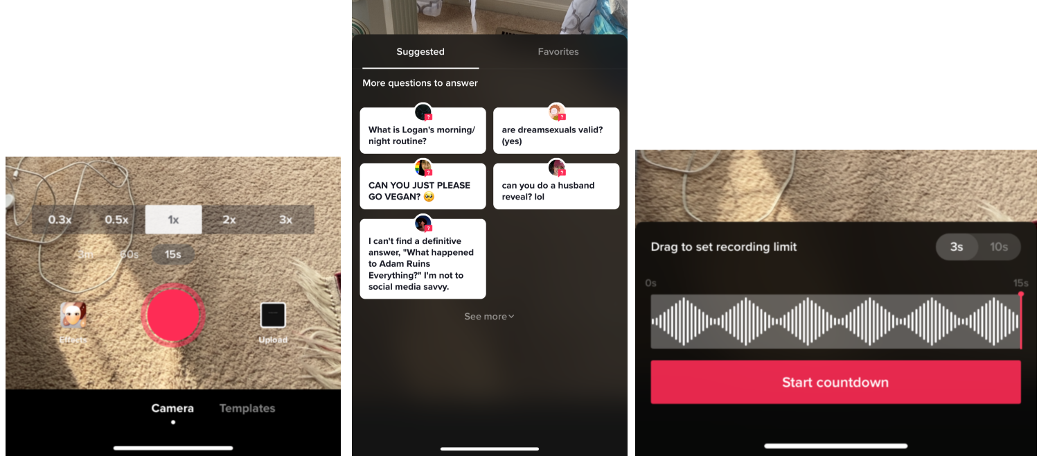 The speed settings are 0.3, 0.5, 1, 2, and 3. You can add a question from a list of suggestions or your Favorites. You can countdown from 3 or 10 seconds.