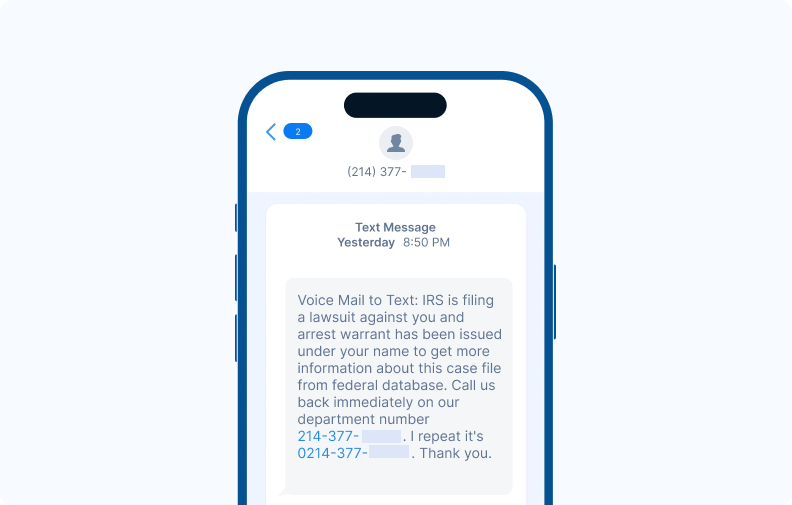 Screenshot of a scam text message on a smartphone, claiming to be from the IRS and threatening legal action unless the recipient calls a listed phone number.