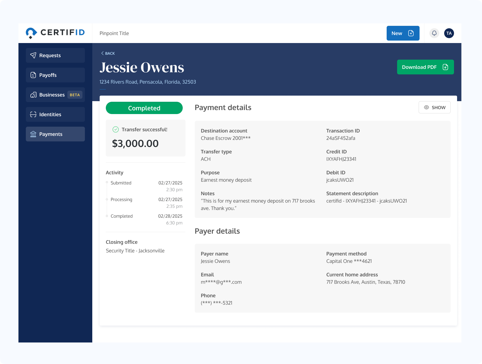 A digital receipt showing a successful $3,000 transfer by Jessie Owens. Includes payment details, transaction ID, and payer information. The interface is professional and clear.