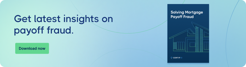 Light blue background with the text 'Get latest insights on payoff fraud.' A green button labeled 'Download now' and a book cover titled 'Solving Mortgage Payoff Fraud.'