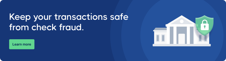 Blue banner showing a white bank building with a green shield and lock icon. Text reads, "Keep your transactions safe from check fraud." A "Learn more" button is included.