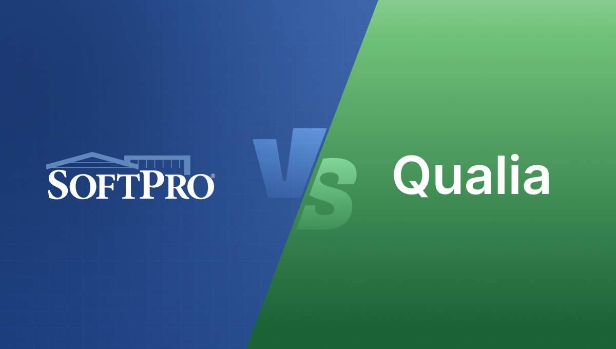 Comparison image featuring SoftPro on a blue background with its logo, and Qualia on a green background, with a "VS" text in the middle symbolizing a matchup.