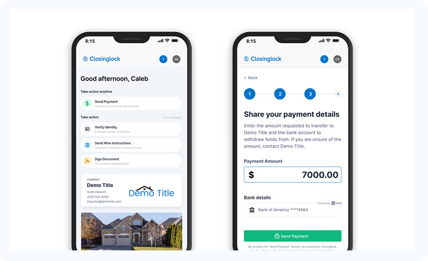 Closinglock mobile interface for sending payments, verifying identity, and signing documents.