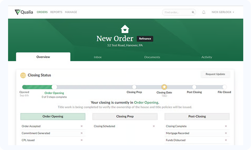 Qualia title production software interface showing closing status and transaction details.
