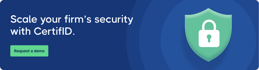 Blue banner with the text 'Scale your firm's security with CertifID.' A green button reads 'Request a demo.' A shield with a lock icon is on the right.