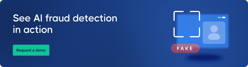 Image with the text "See AI fraud detection in action" on a blue background. A highlighted fake profile icon suggests fraudulent identification.