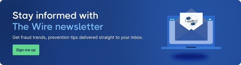 Blue banner promoting "The Wire" newsletter with text about receiving fraud prevention tips. Includes an image of a laptop displaying an email. Button reads "Sign me up."