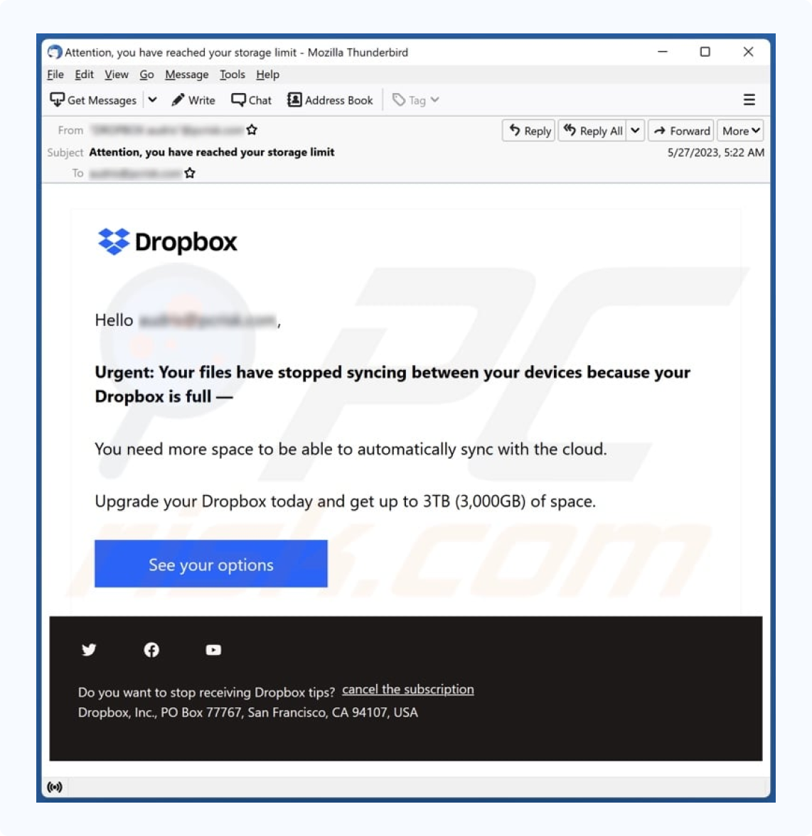 Dropbox storage limit phishing email attempting to trick users into clicking malicious links.