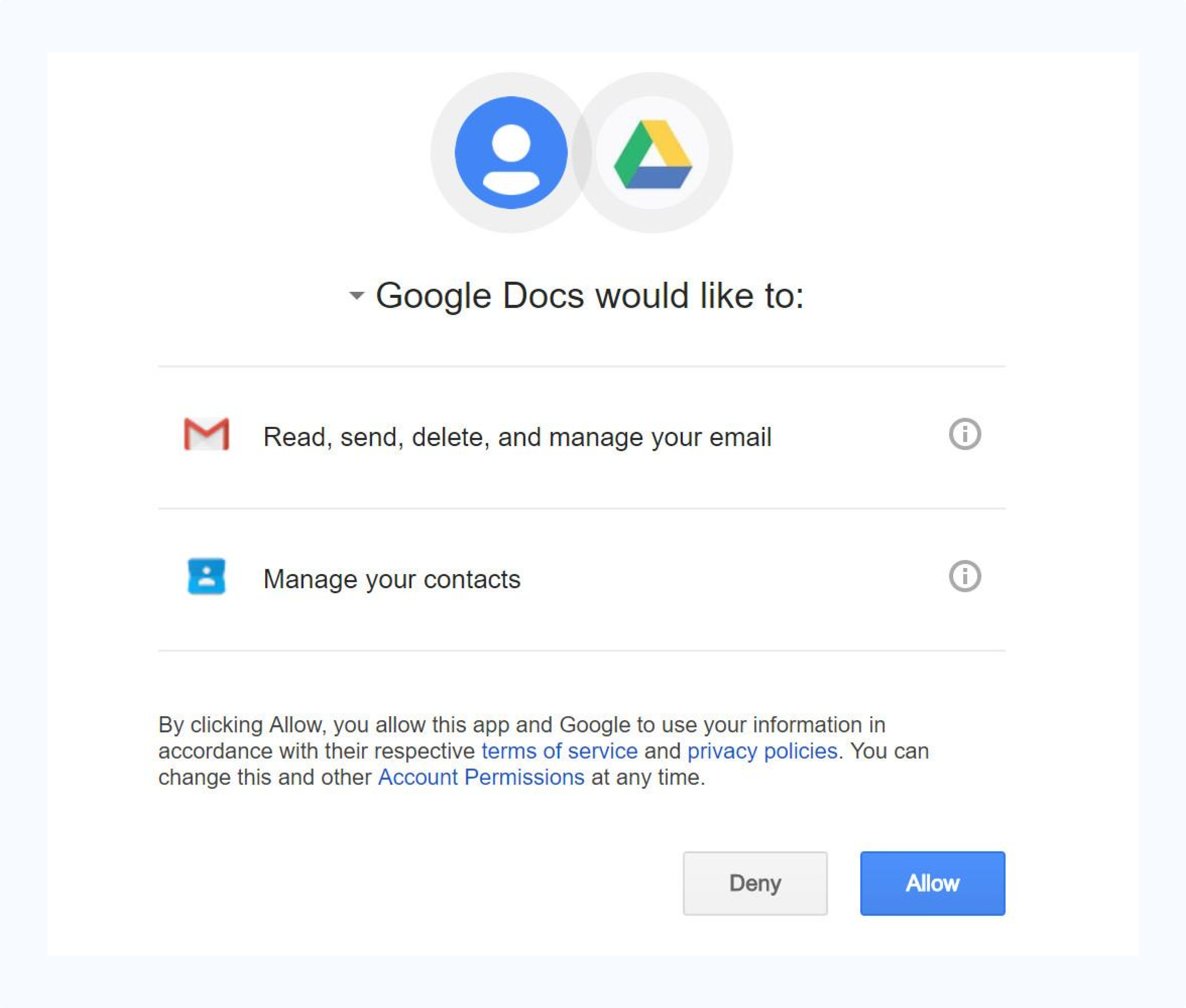 Google Docs permissions request screen asking for email and contact access.