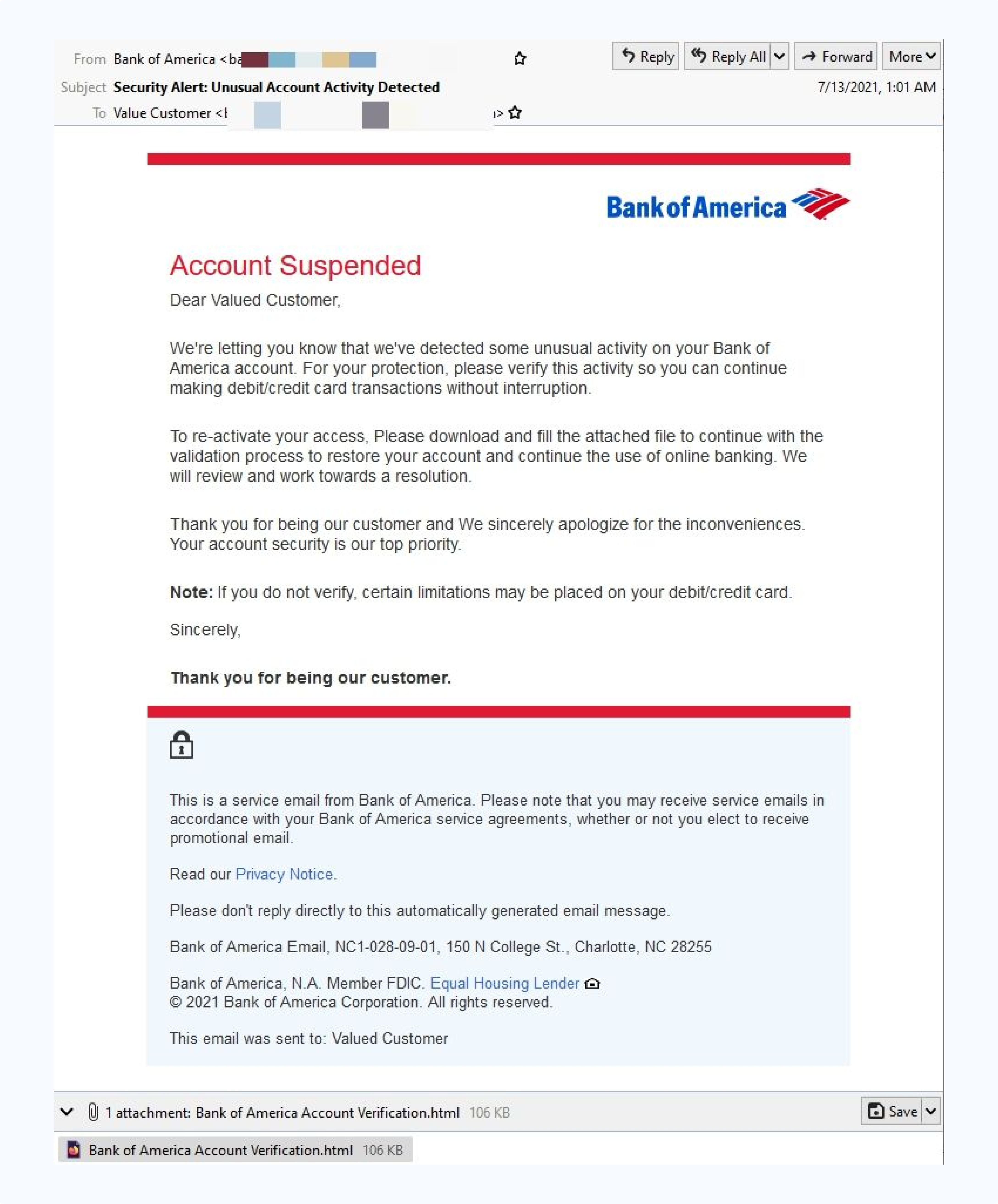 Bank of America phishing email claiming account suspension with fraudulent verification request.