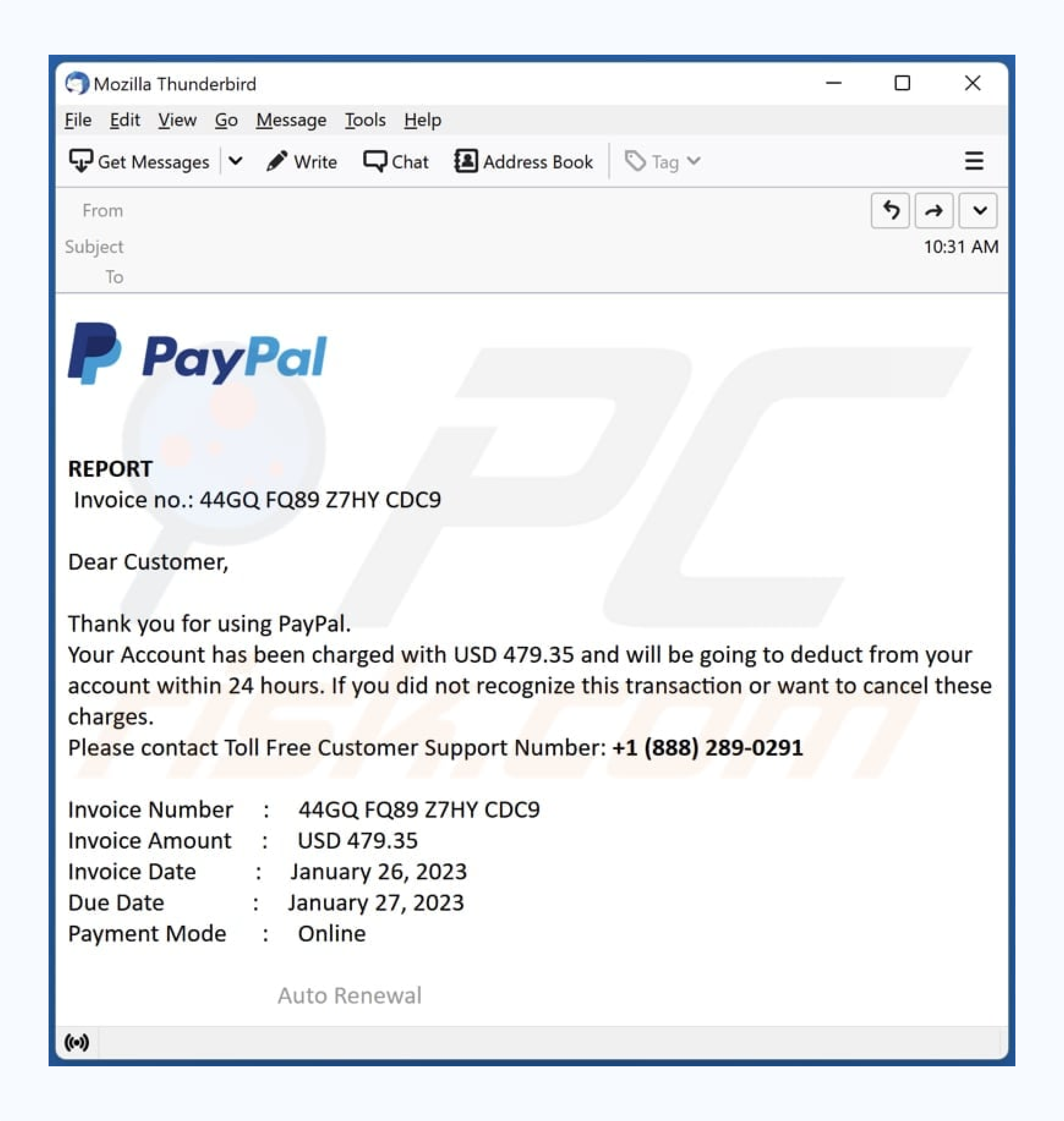 PayPal invoice scam email claiming unauthorized charges to prompt customer callback.