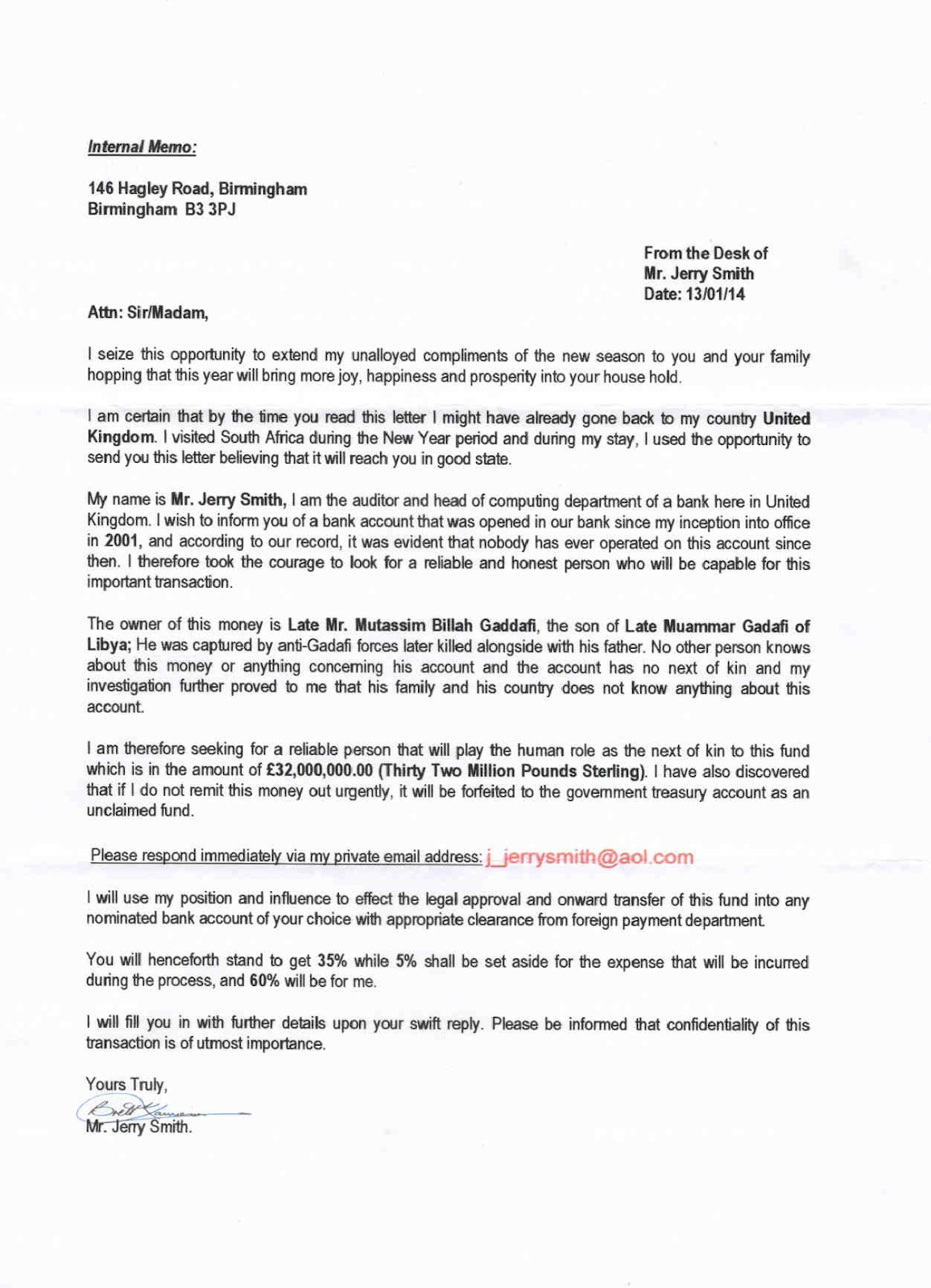 Advance fee fraud letter promising money transfer for personal information.