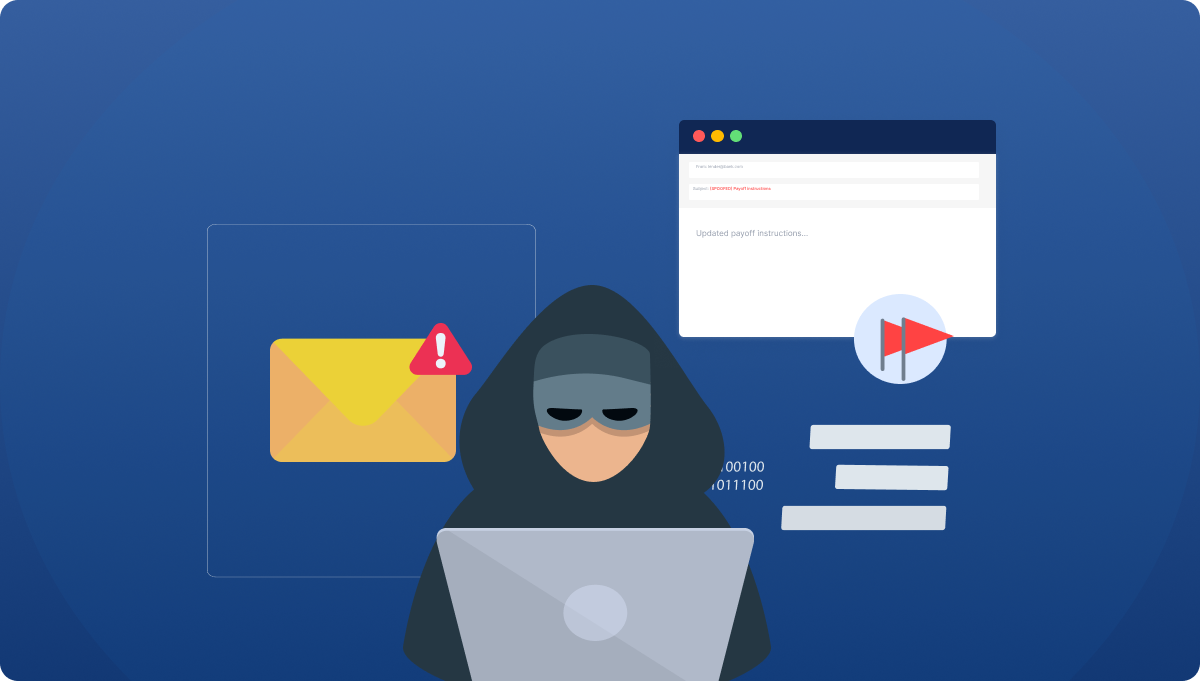 A mysterious figure in a hood uses a laptop, symbolizing hacking. Behind are a warning envelope icon, browser window, and binary code, conveying cyber threat.