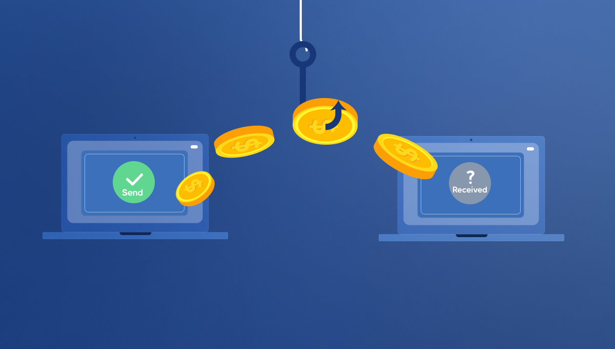 Illustration of two laptops with coins moving between them. One laptop shows "Send" with a check mark, the other shows "Received" with a question mark, implying an interrupted transaction.