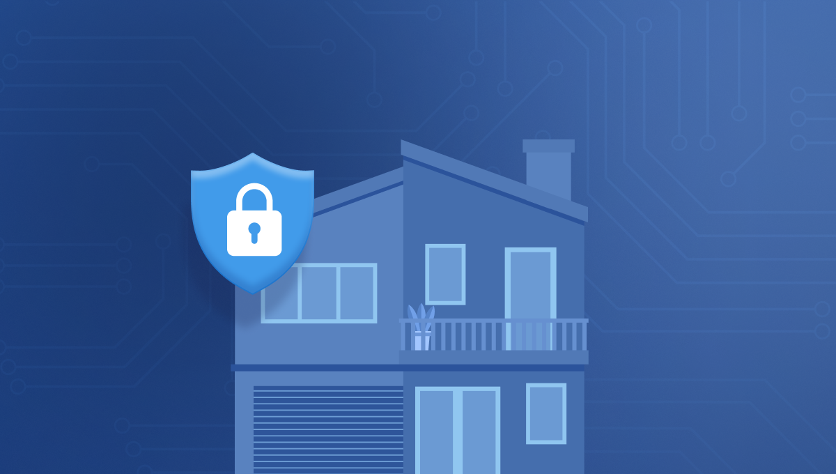 A stylized illustration of a secure house against a blue background with circuit patterns. A blue shield with a padlock symbol overlays the house, conveying security.